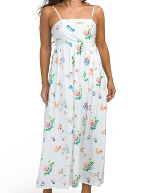 NWT - Rachel Zoe Ivory Printed Square Neck Smocked Back Maxi Sundress - Size 14
